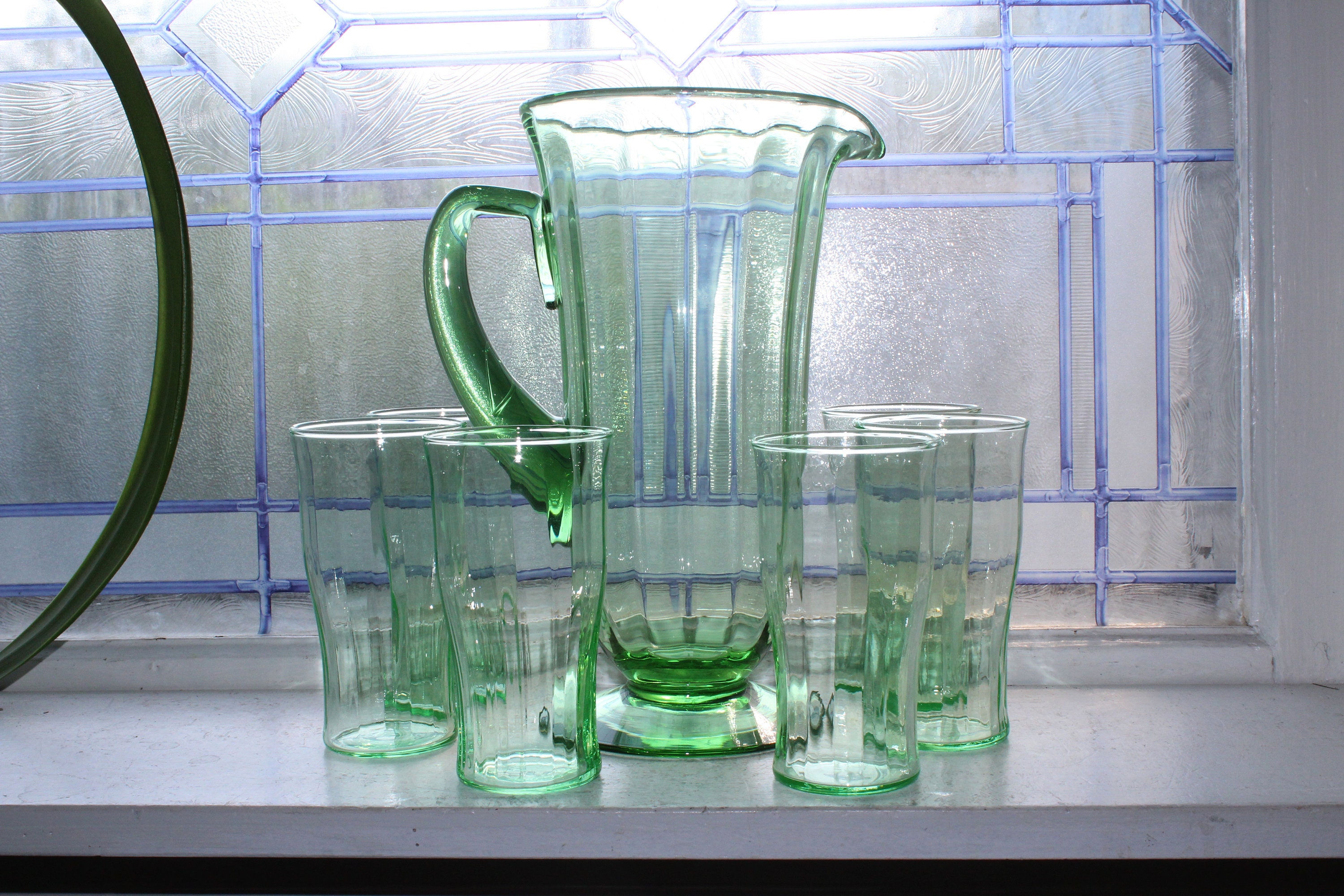 Green Depression Glass Ribbed Pitcher and 6 Tumblers Vintage 1930s