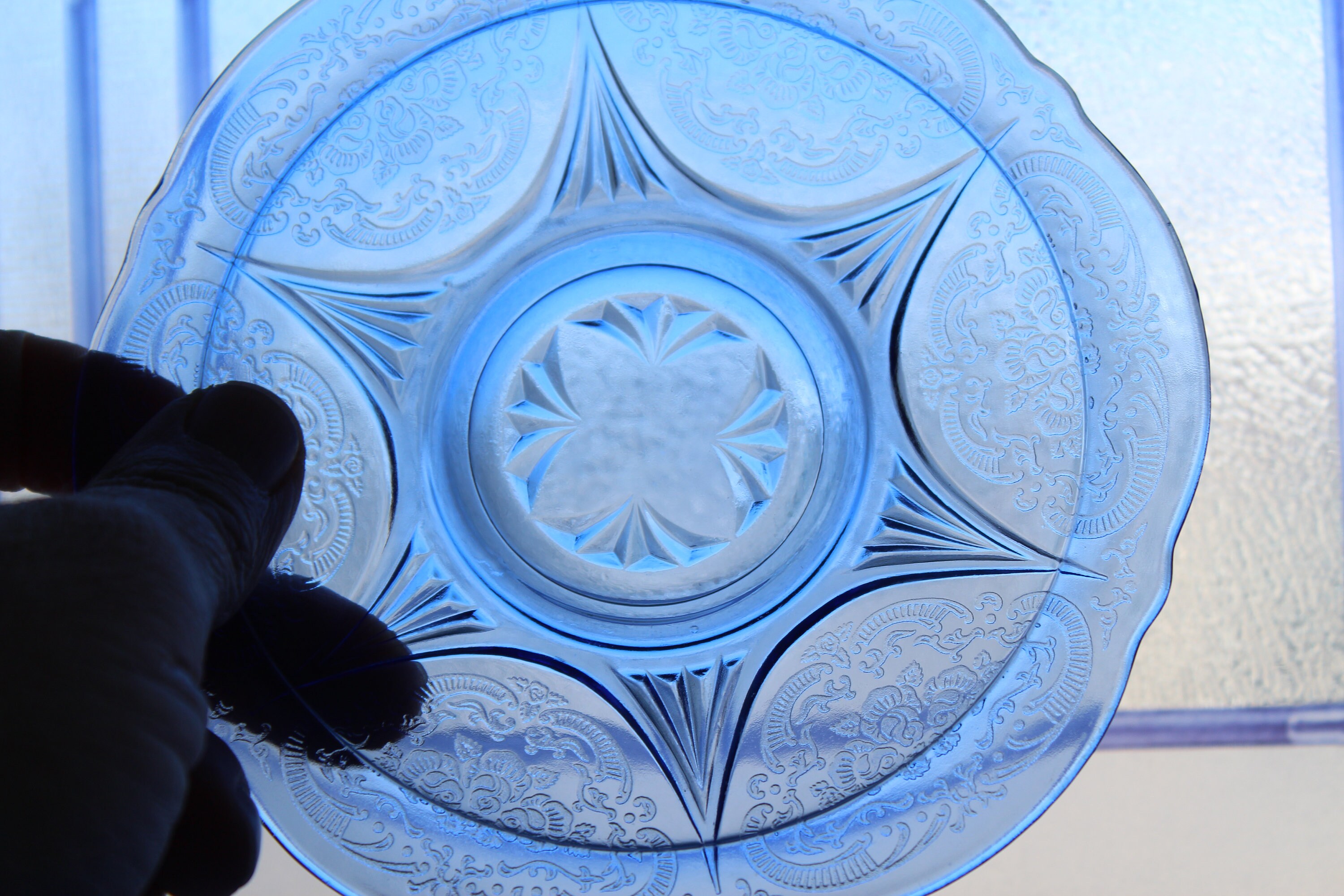 4 Cobalt Blue Depression Glass Cream Soup Bowls & Saucers Royal Lace