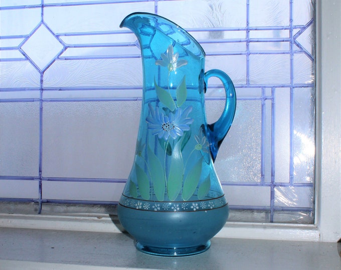 Antique Victorian Cobalt Blue Glass Large Pitcher with Enamel Flowers