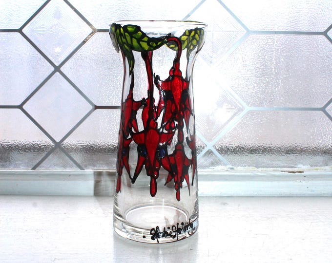 Vintage Hand Painted Glass Vase w/ Vibrant Red Flowers Artist Signed