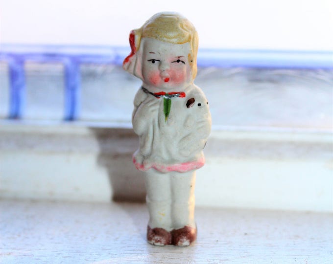 Vintage Bisque Doll Frozen Charlotte Girl Holding a Puppy