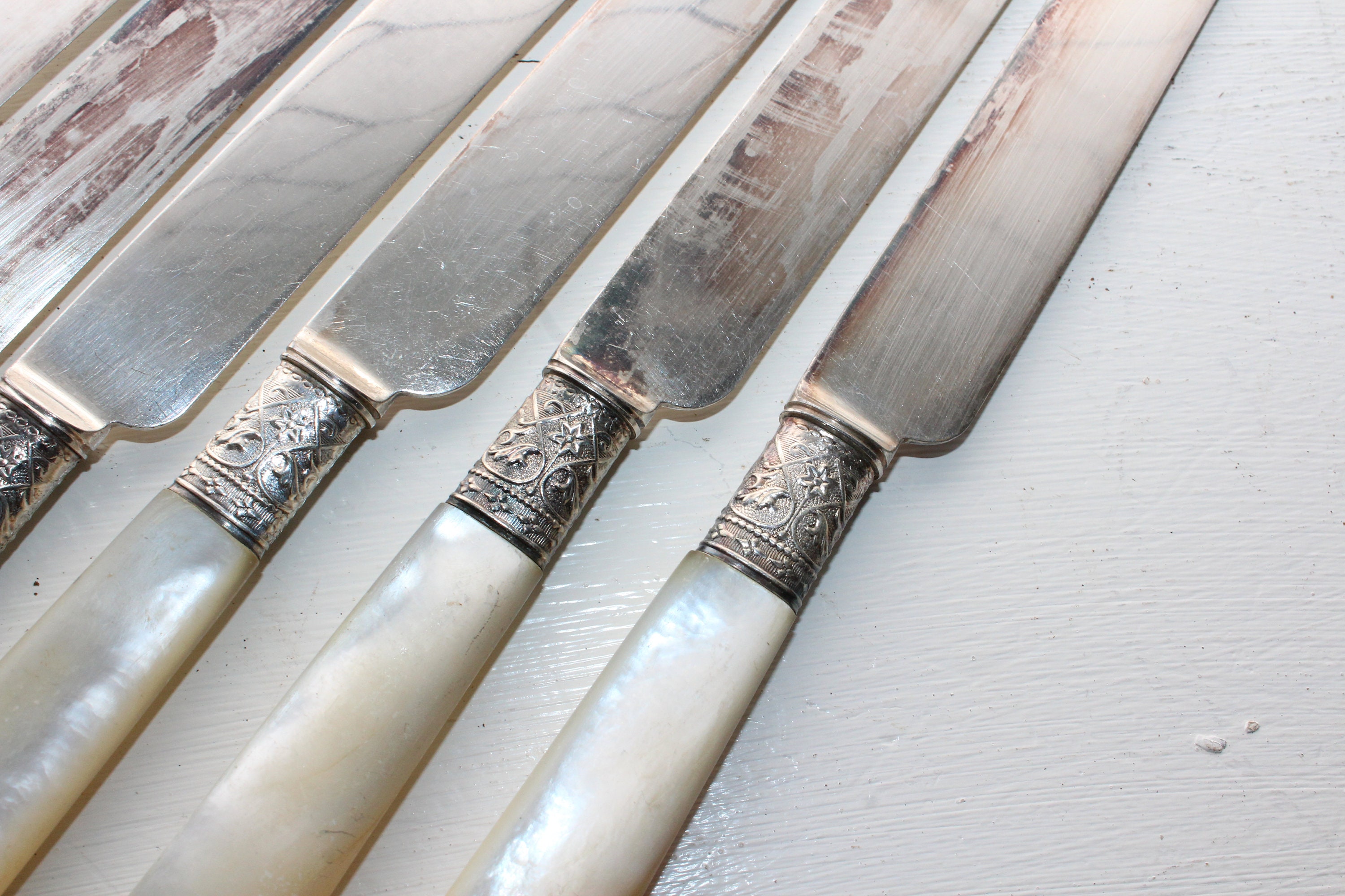 6 Antique Mother of Pearl Handled Dinner Knives AF Towle & Son