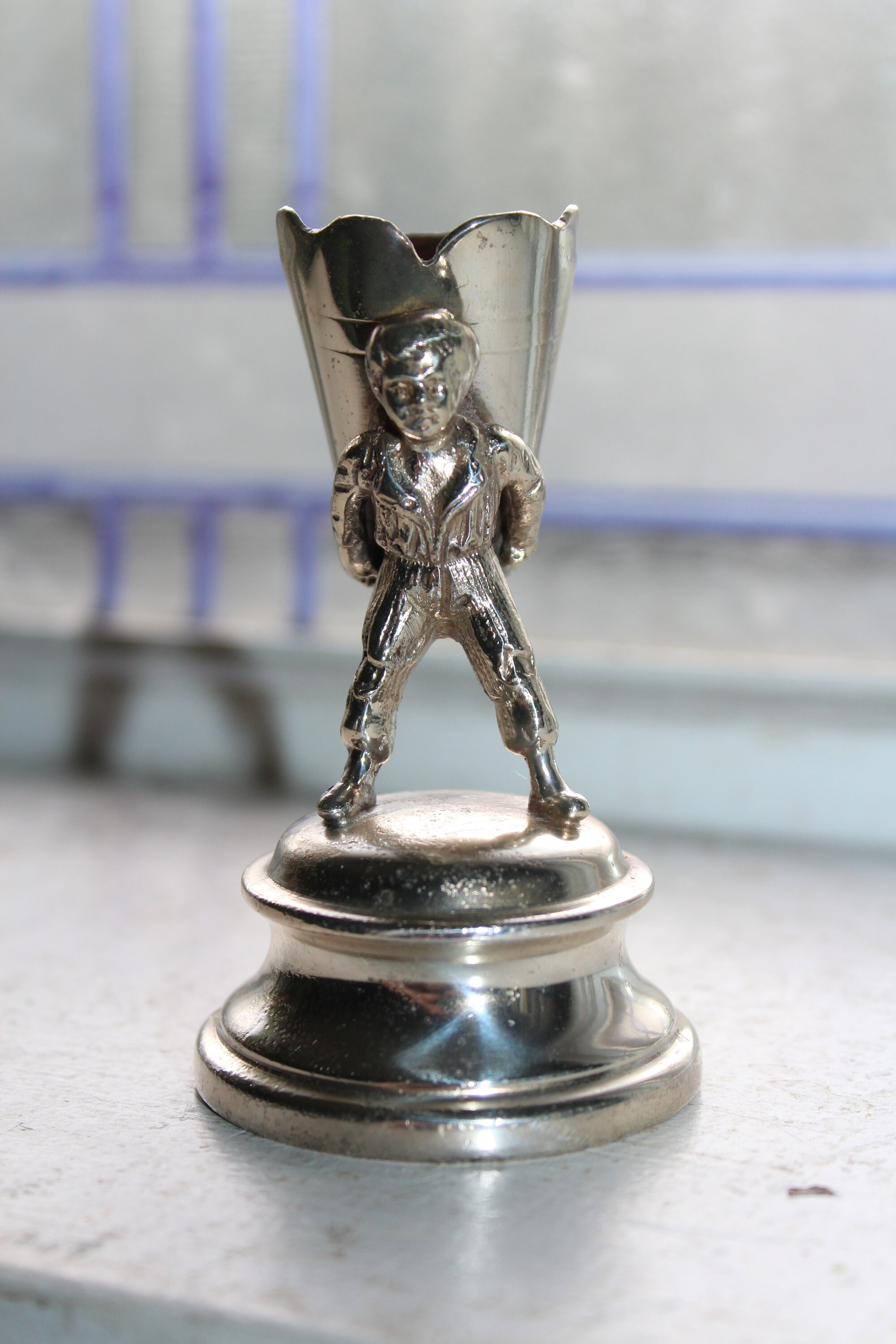 Antique Silverplate Toothpick Holder Figural Boy Holding Basket