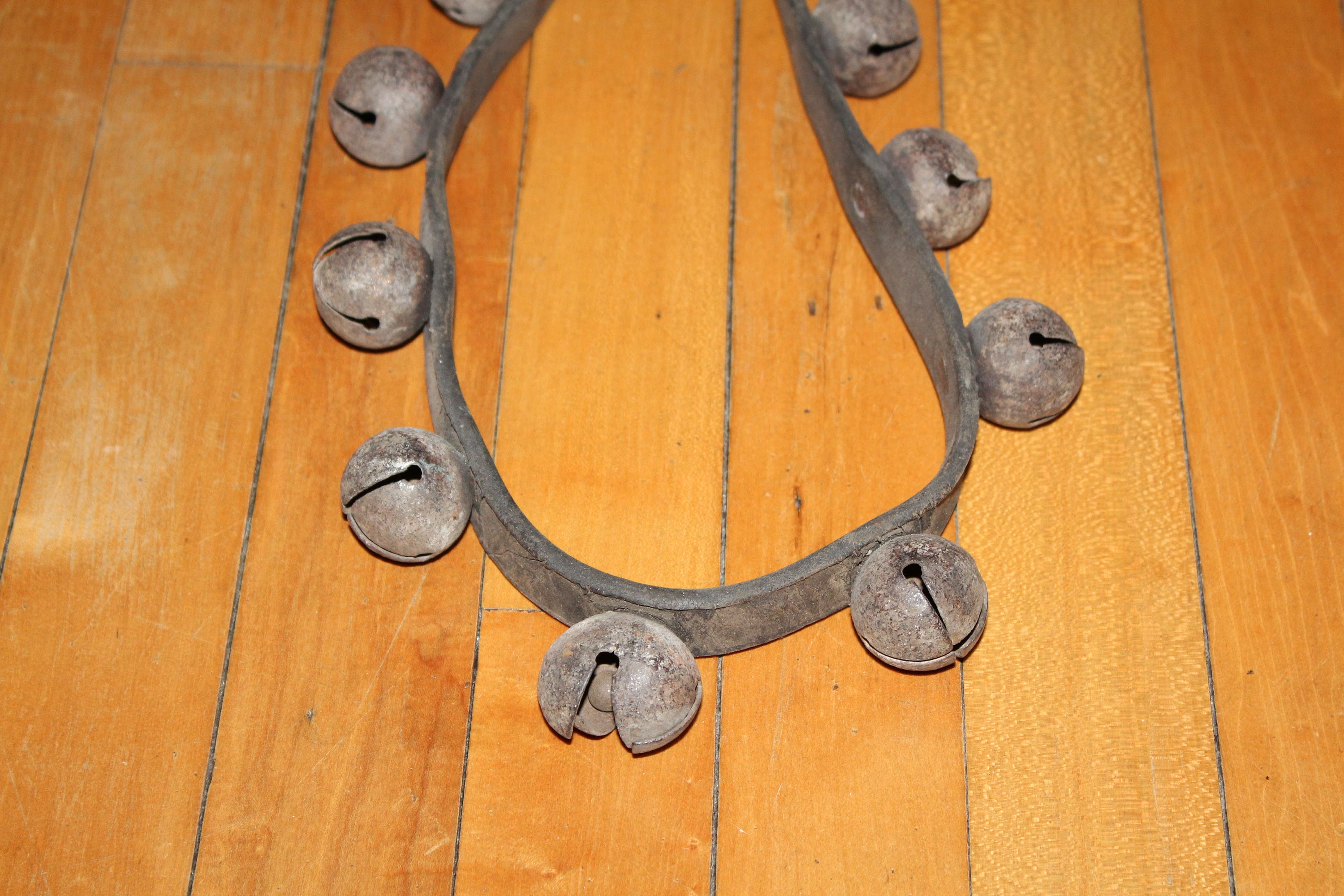 29 Antique Sleigh Bells on Leather Strap Rustic 1800s Farmhouse Decor