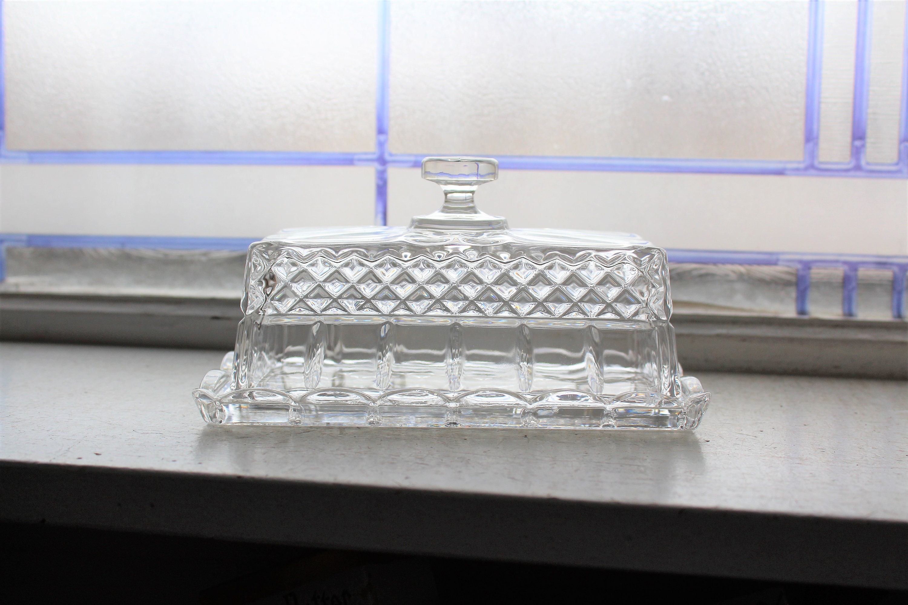Clear Glass Butter Dish Quarter Pound Size Quilted Diamond