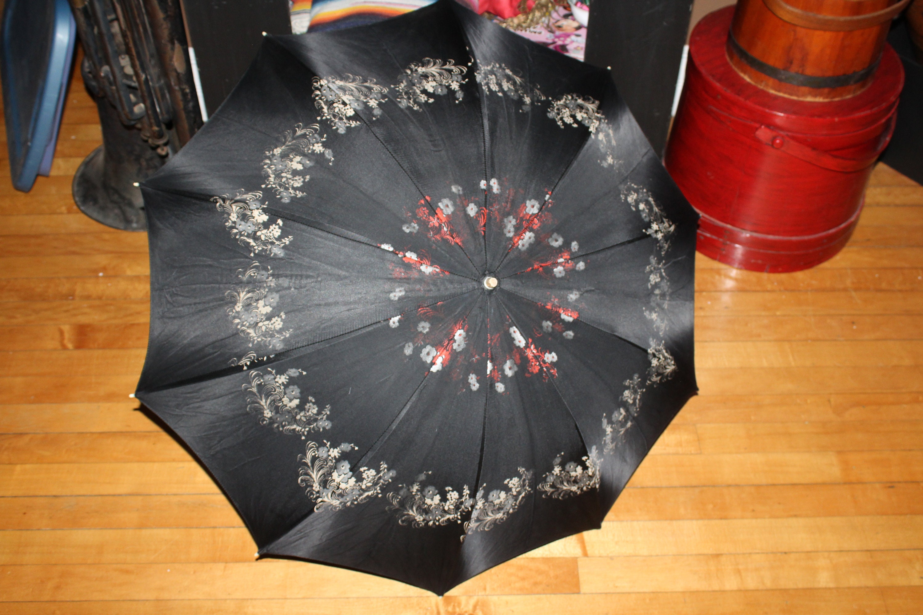 Vintage 1920s Umbrella Black White and Red with Bakelite Handle