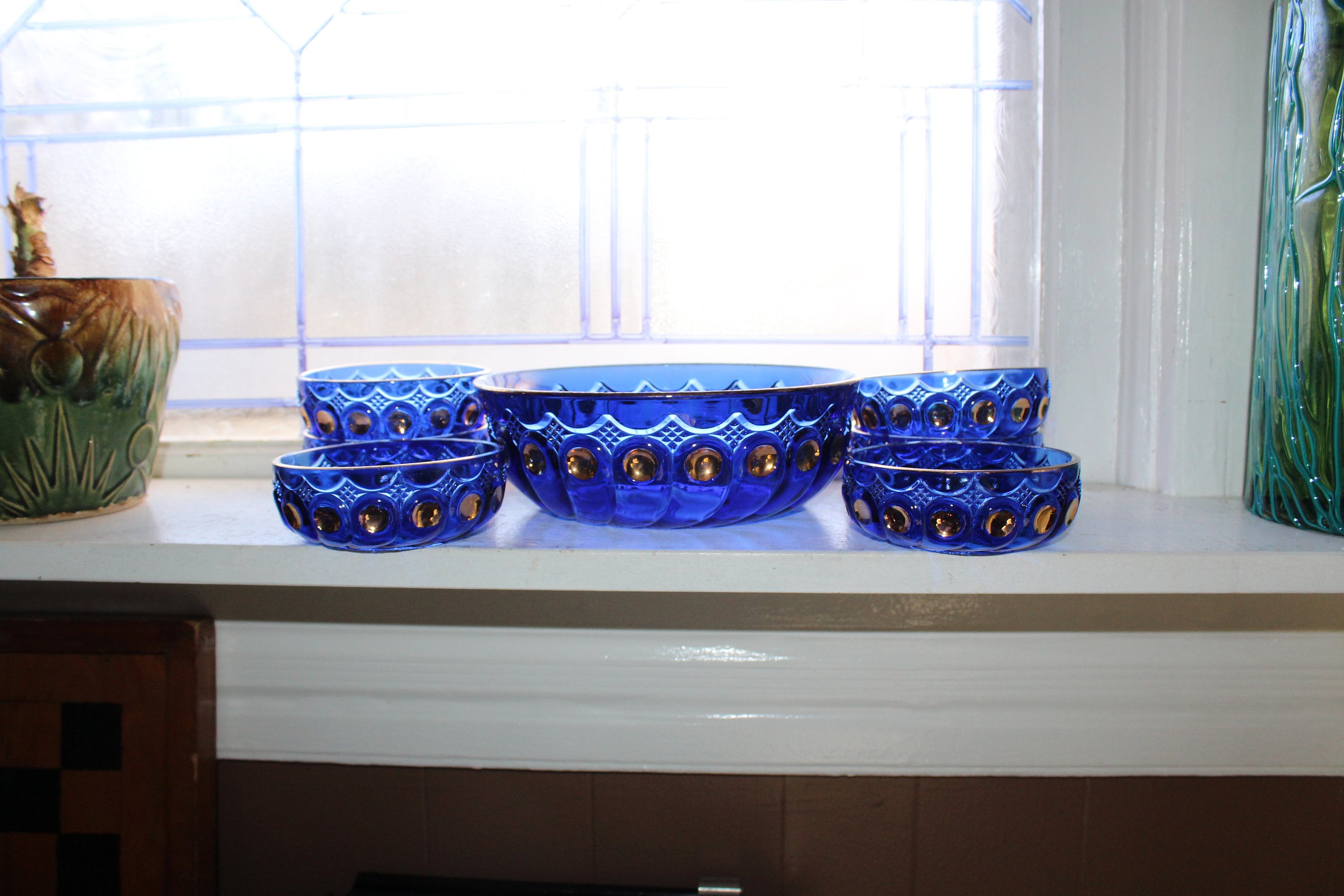 EAPG US Glass Kings 500 Berry Bowl Set Antique Cobalt Blue 7 Pc Set