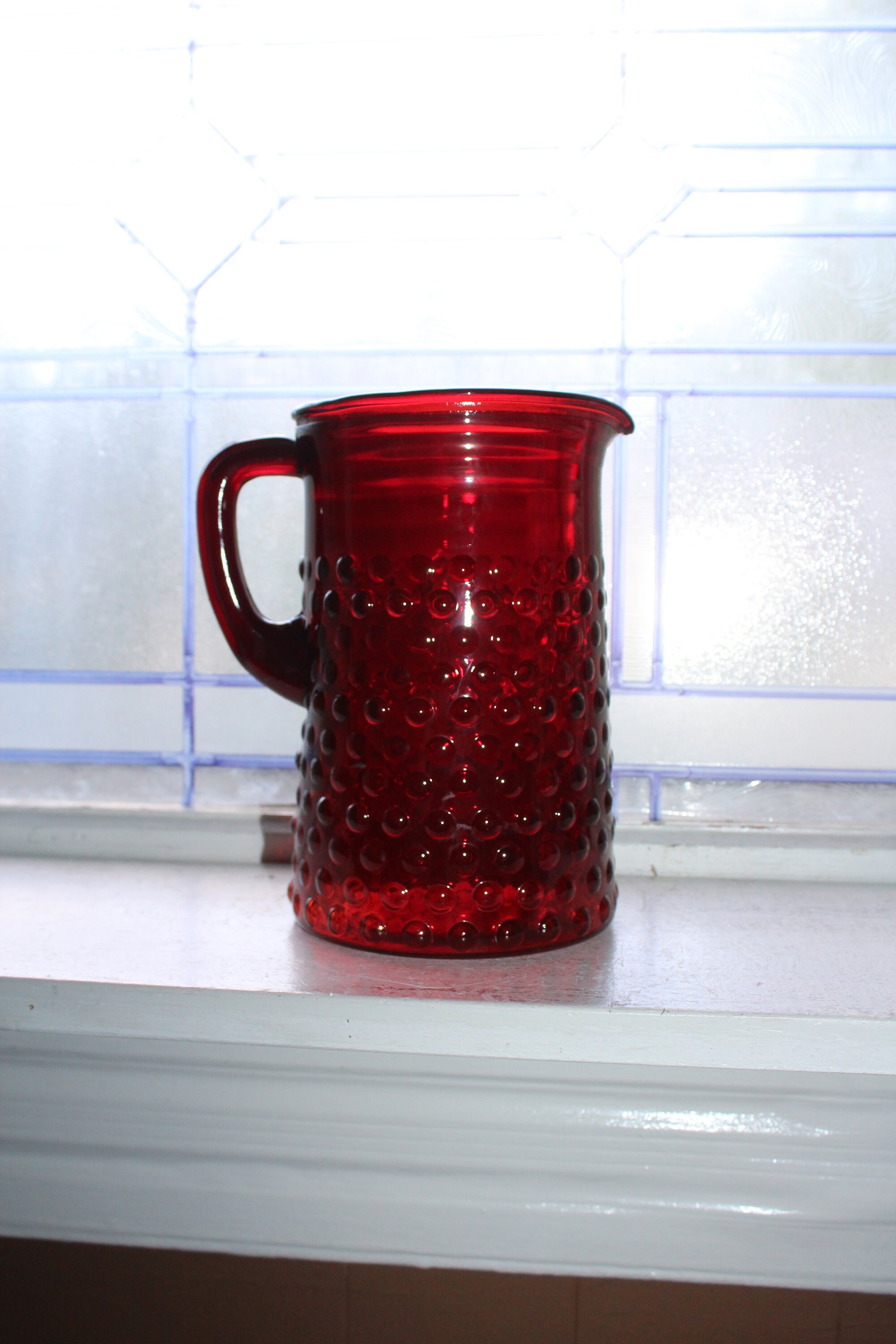 Vintage Royal Ruby Red Depression Glass Hobnail Pitcher vintage-royal-ruby-red-depression-glass-hobnail-pitcher