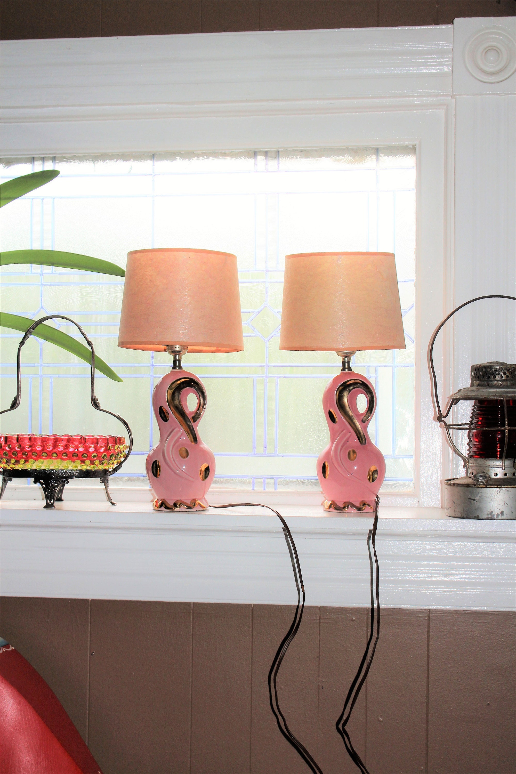 Vintage Pair Bedroom Lamps Mid Century Pink & Gold 1950s