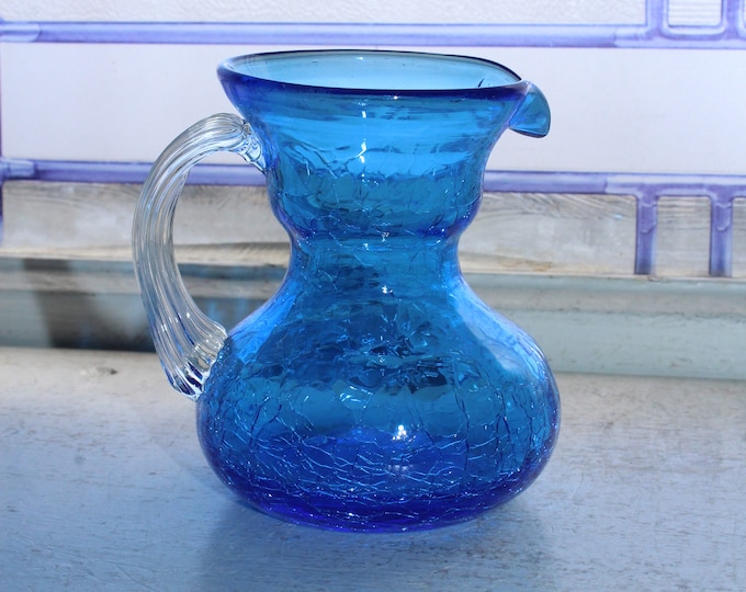 Vintage Blue Crackle Glass Pitcher Mid Century Decor