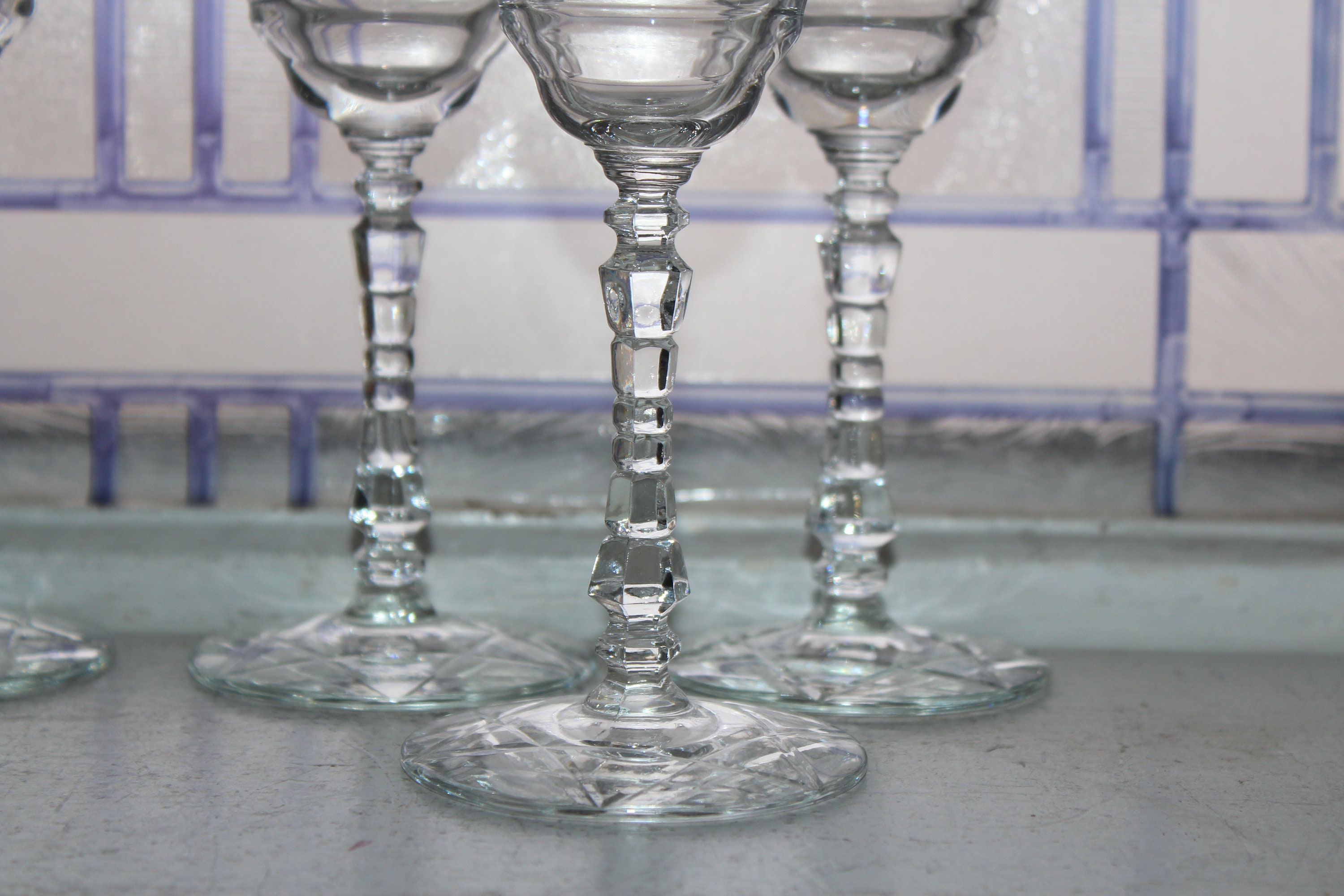 Set of 6 Fine Art Deco Cut Crystal Water Glasses with Foliate