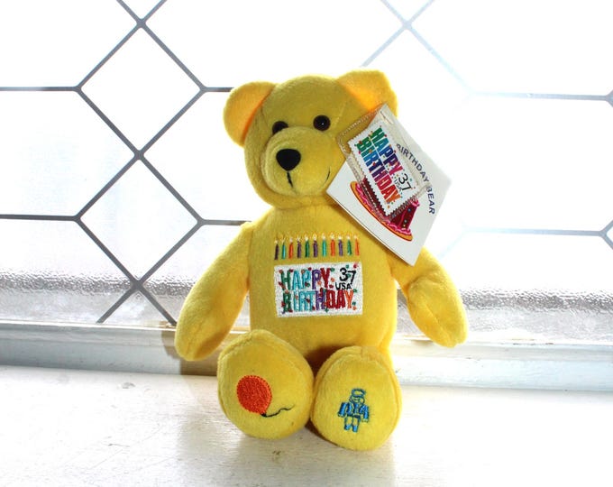 Happy Birthday Stamp Yellow Teddy Bear 2002 USPS with Tag & Stamp