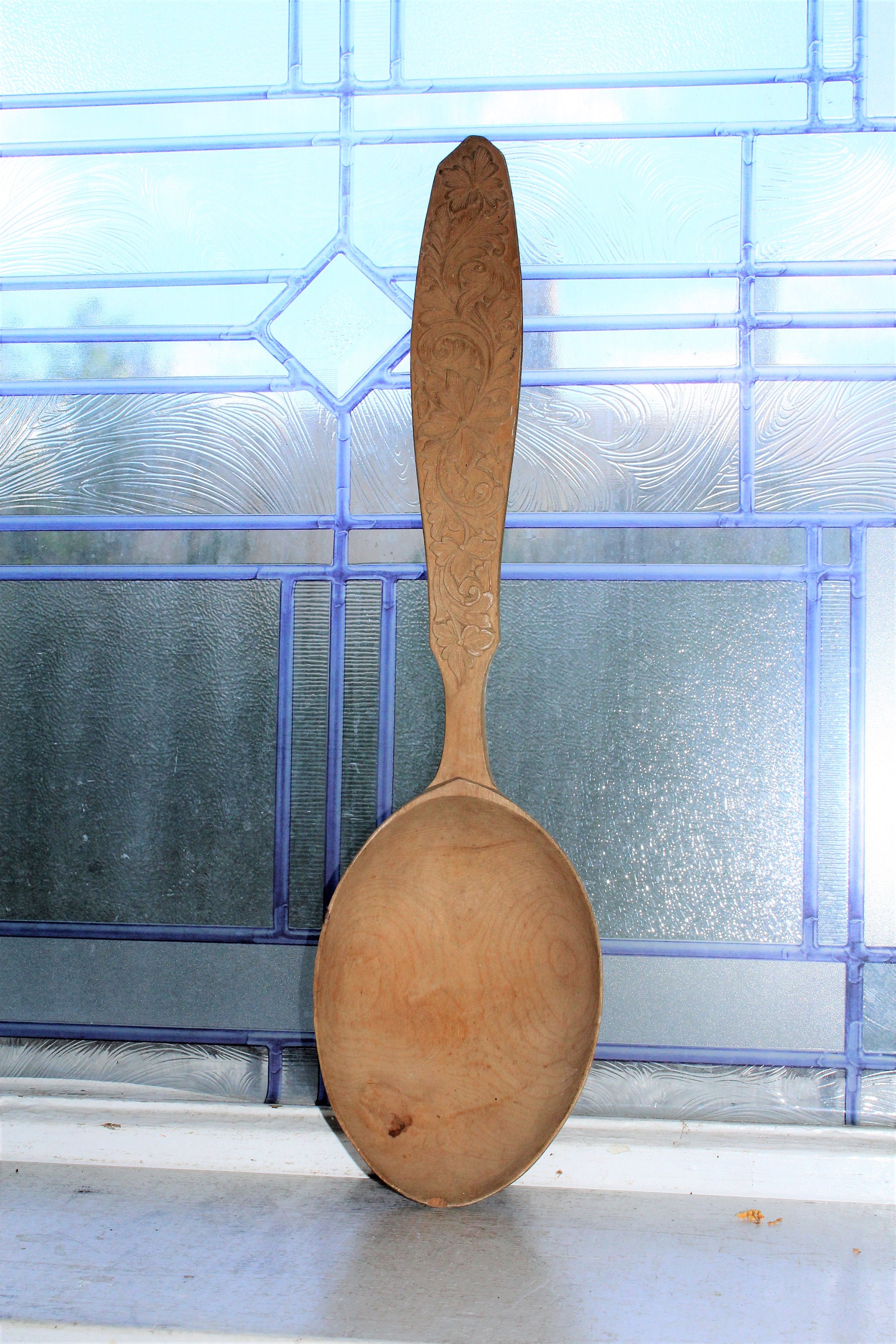 Large Antique Carved Wood Spoon Ladle Norwegian Folk Art