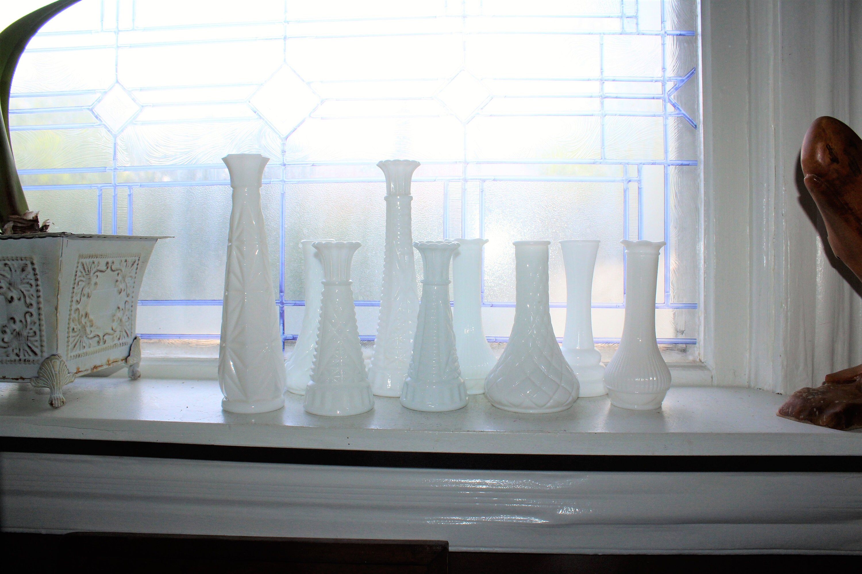 9 White Milk Glass Vases Collection Vintage Wedding Decor