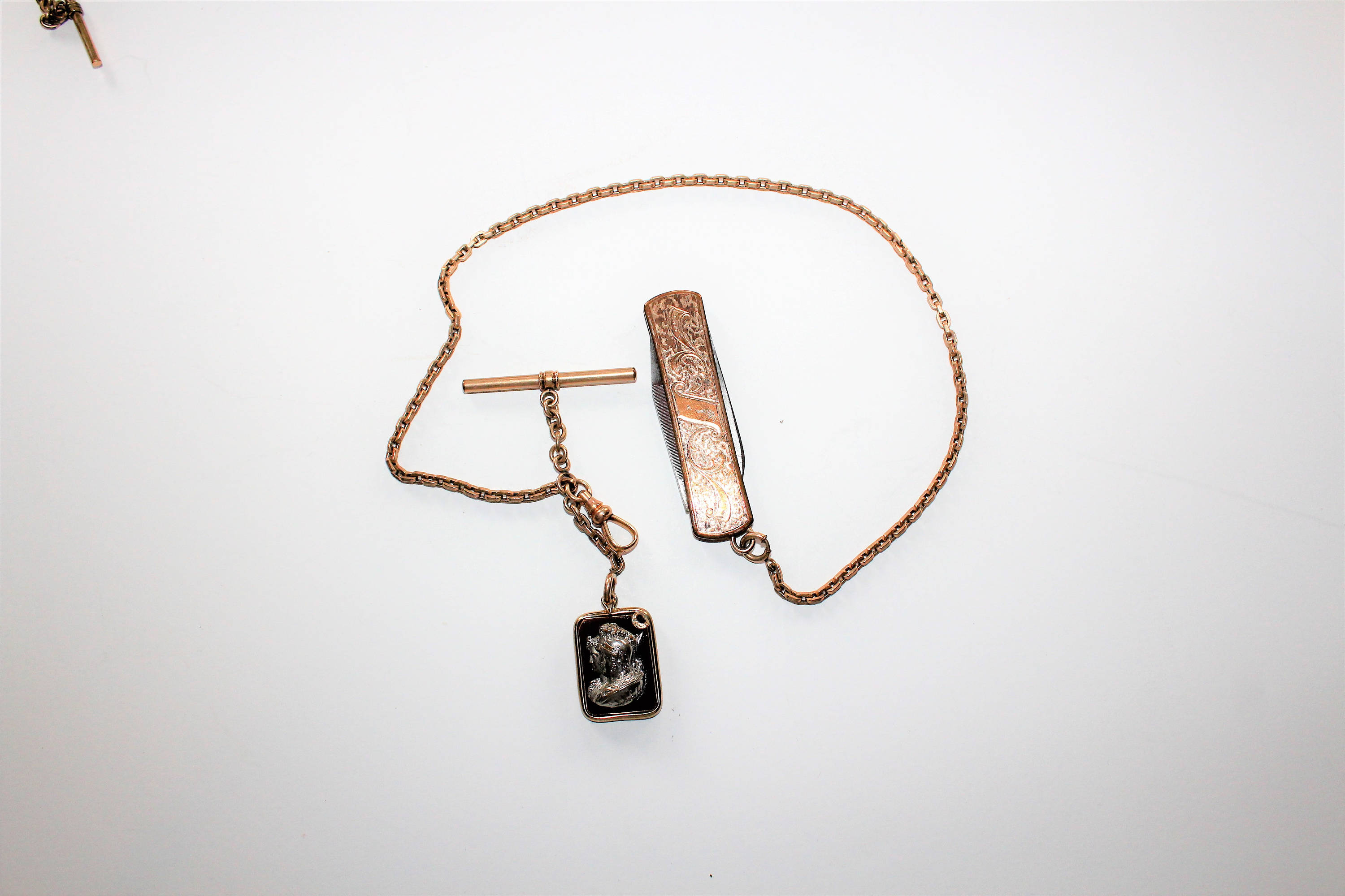 Antique Pocket Watch Chain with Knife and Cameo Fob