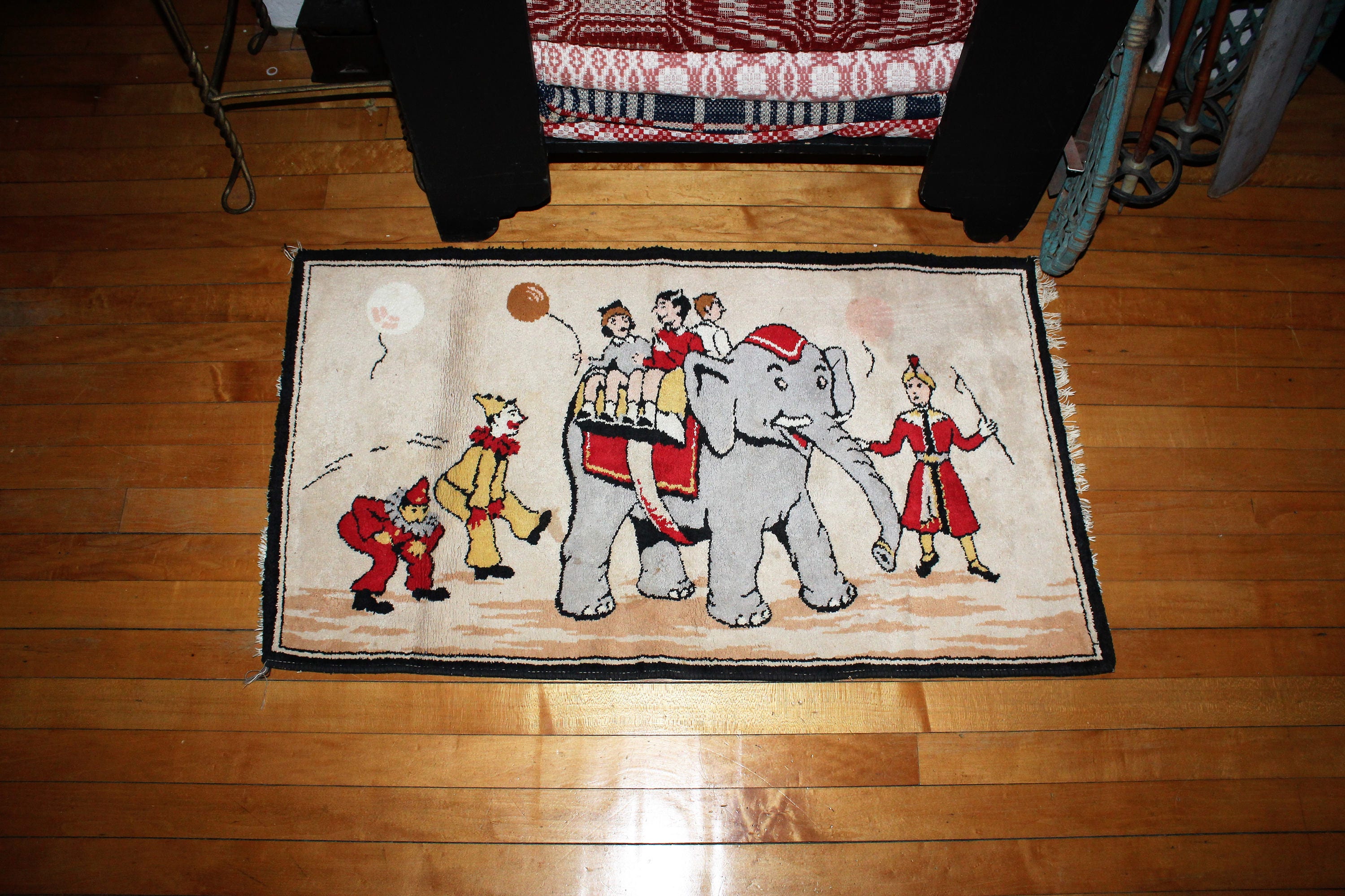 Vintage Mid Century Child's Room Rug Circus Elephant and Clowns 1950s