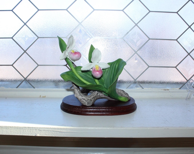 Vintage Andrea by Sadek Porcelain Lady Slipper Orchid Flower Figurine & Wood Base