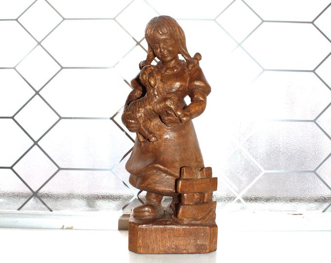Large Vintage Carved Wood Statue Girl With Lamb 11.5"