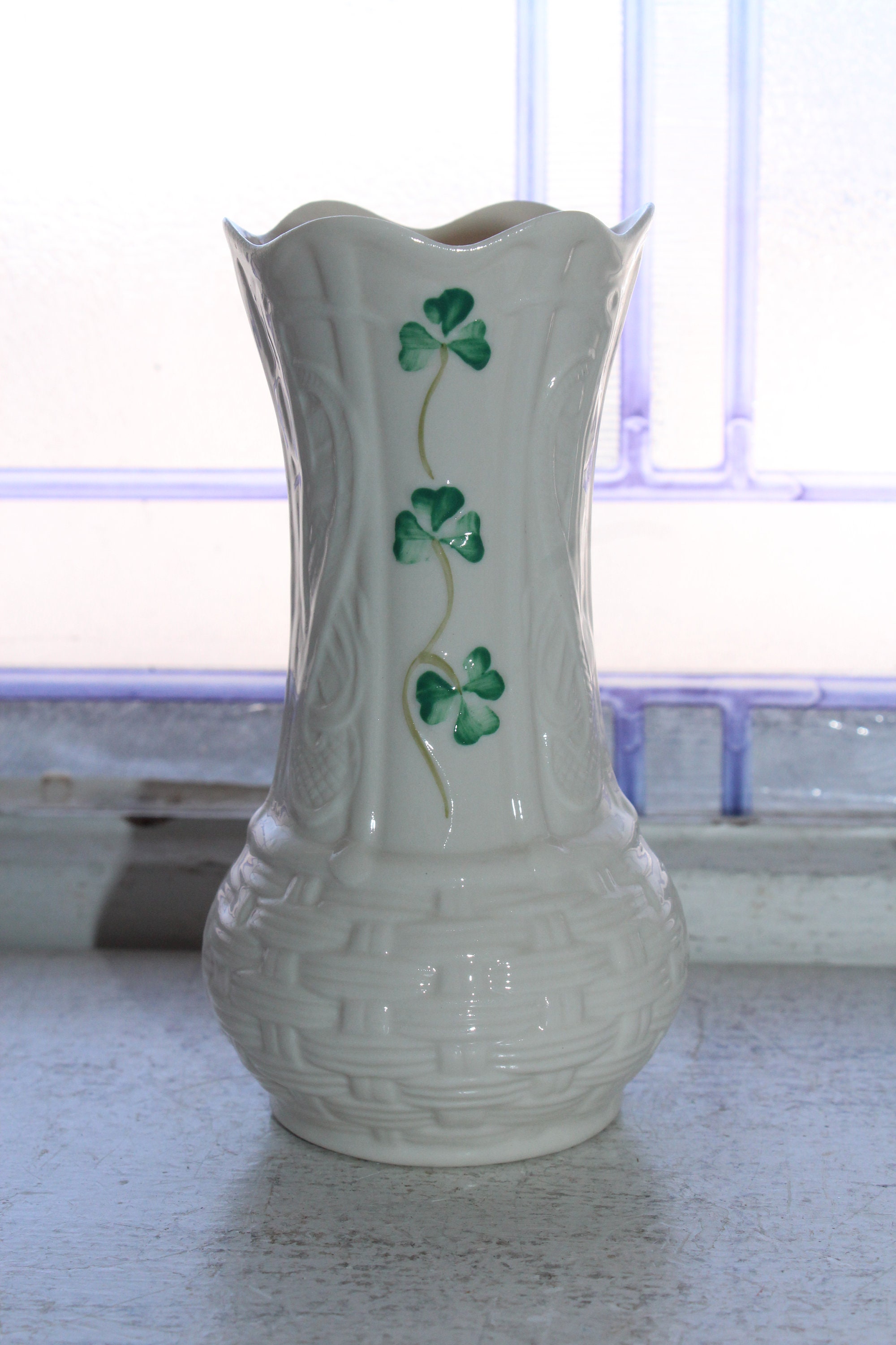 Vintage Irish Belleek Vase with Shamrocks Millenium 2000