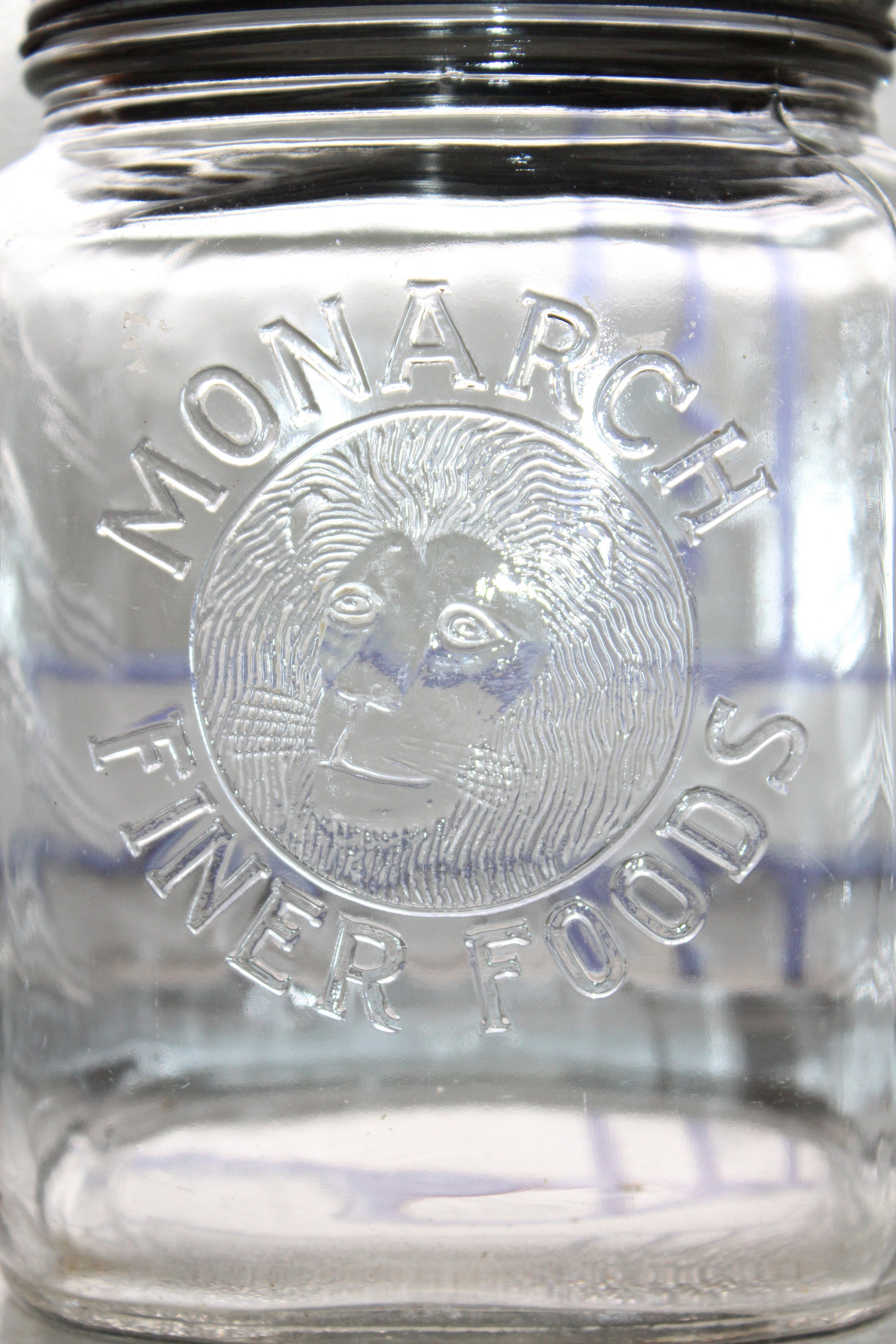Vintage Monarch Finer Foods Jar Kitchen Canister Embossed Lion Head