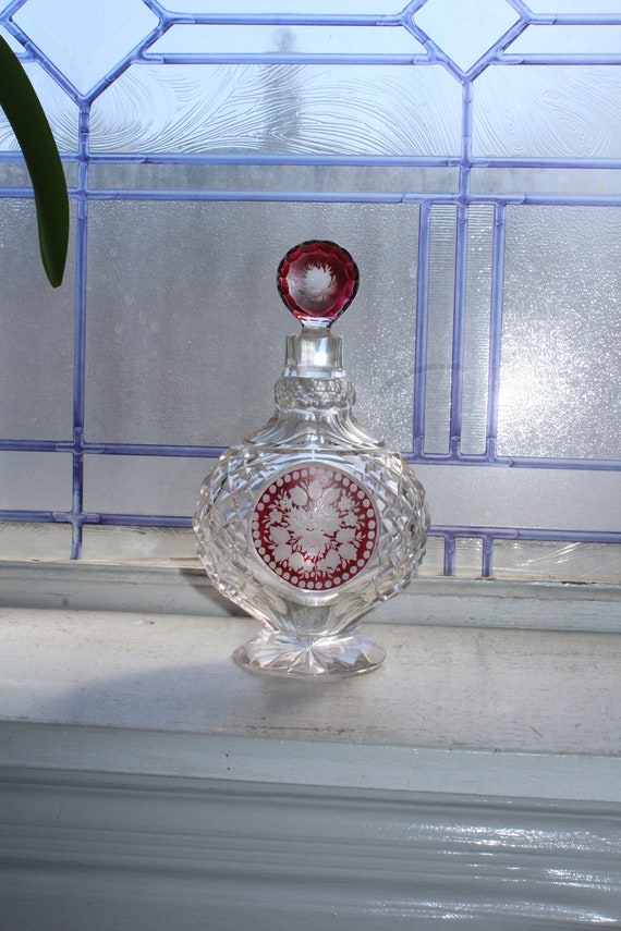 Large Antique Glass Scent Perfume Bottle Red Cut t