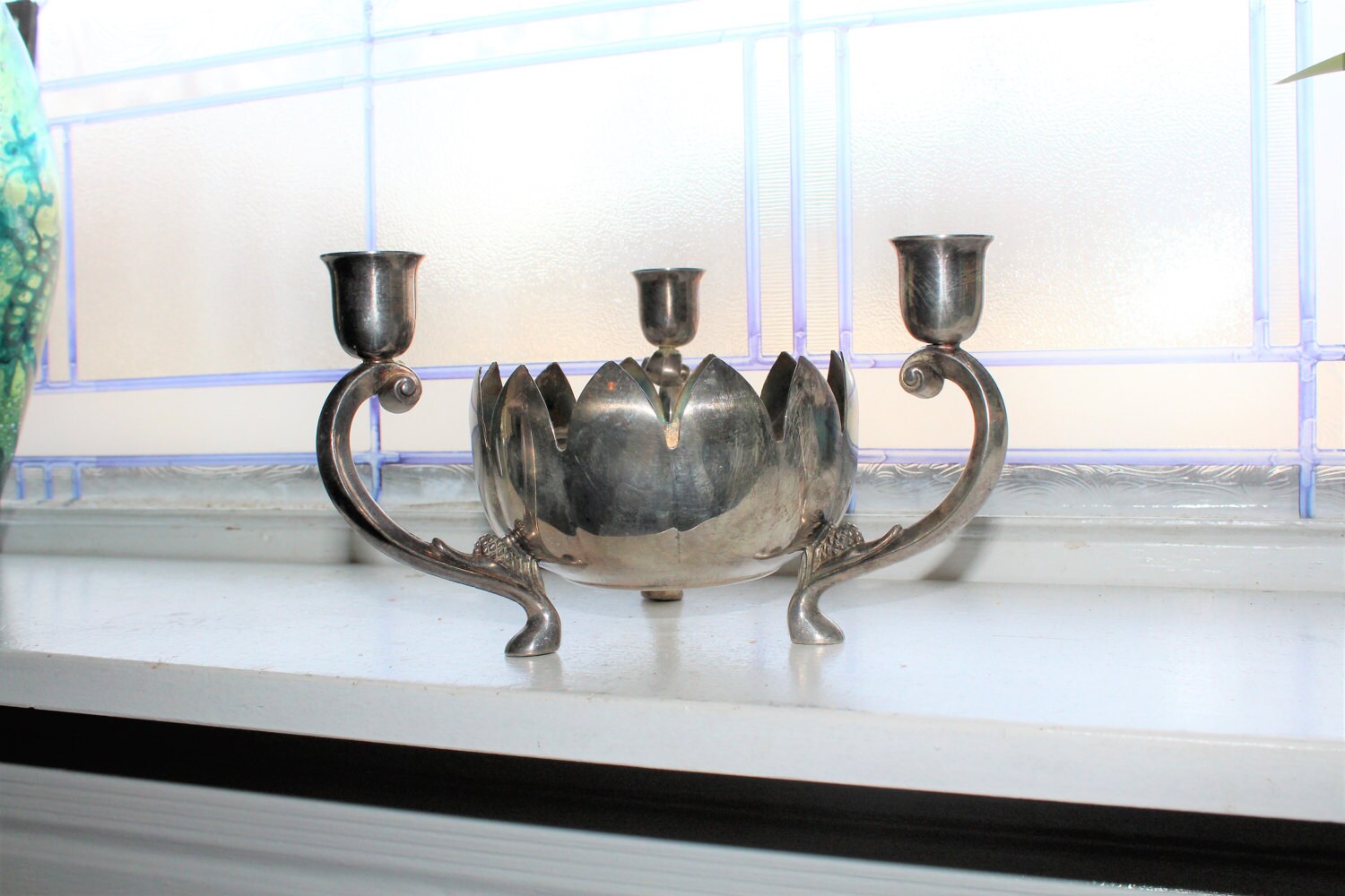 Silverplate Lotus Bowl Candle Holder Vintage Leonard