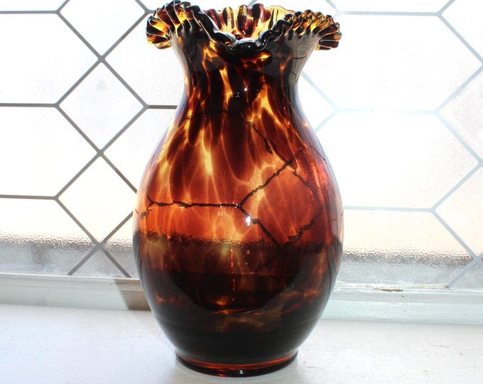 Mid Century Tortoise Shell Art Glass Vase with Crimped Rim