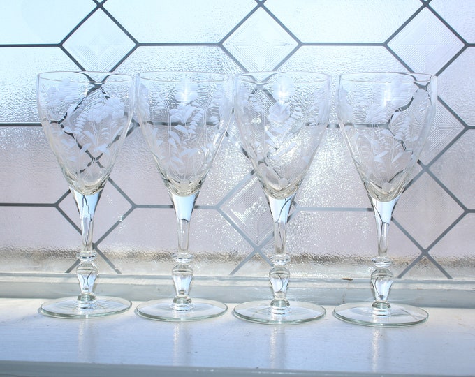 4 Vintage Wheel Cut Wine Glasses Elegant Barware