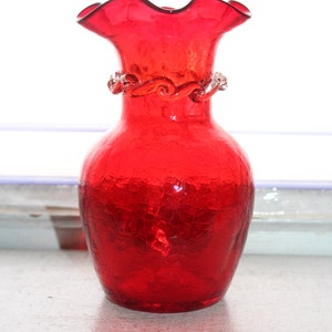 Vintage Mid Century Red Crackle Glass Vase with Clear Applied Ribbon image 2