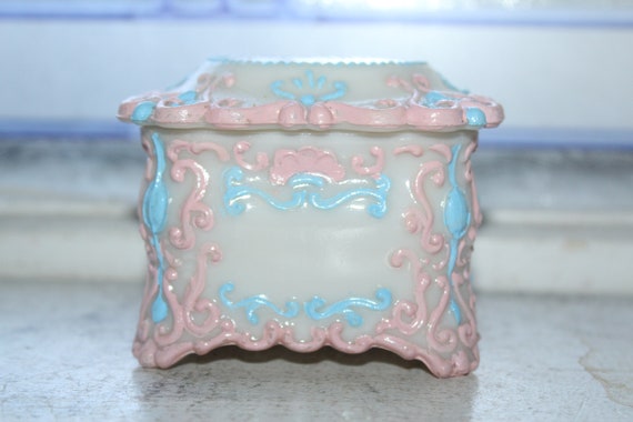 Antique Victorian Milk Glass Trinket Box Pink Flo… - image 5