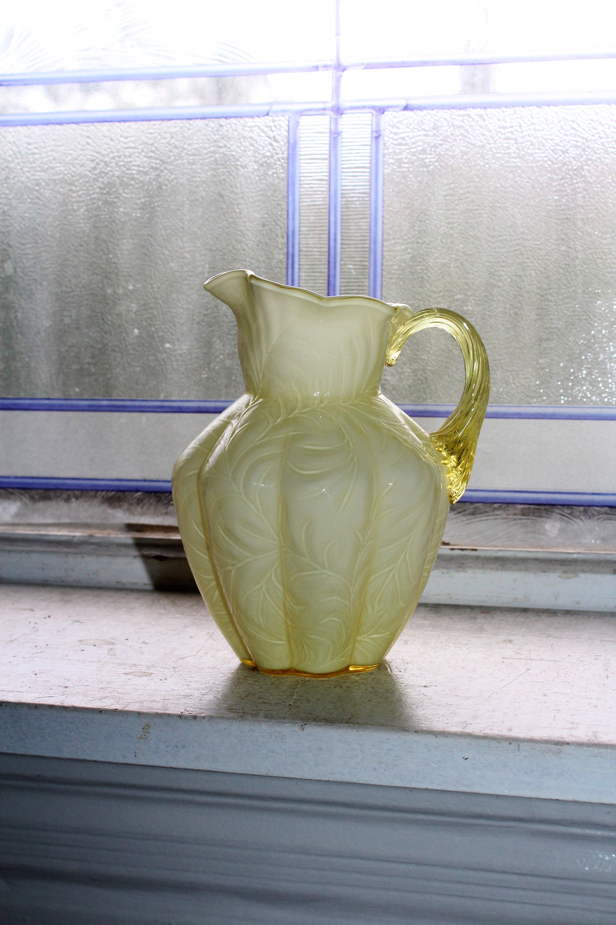 Vintage Fenton Cased Glass Fern Optic Melon Pitcher Pale Yellow