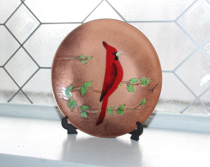 Vintage Mid Century Enamel on Copper Plate Cardinal by Bovano