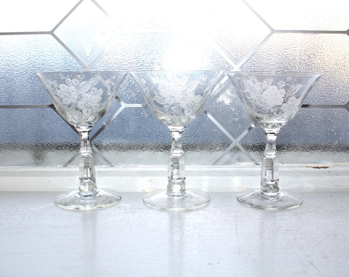 3 Vintage Duncan & Miller Crystal Language of Flowers Liqueur Cocktail Glasses