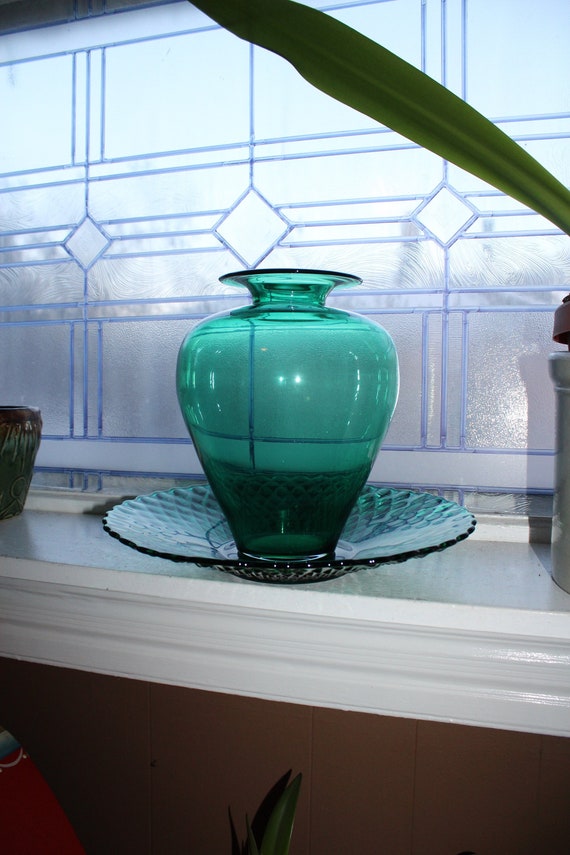 Teal Green Glass Vase and Round Platter Bowl Vintage 1960s il 570xN ks8j