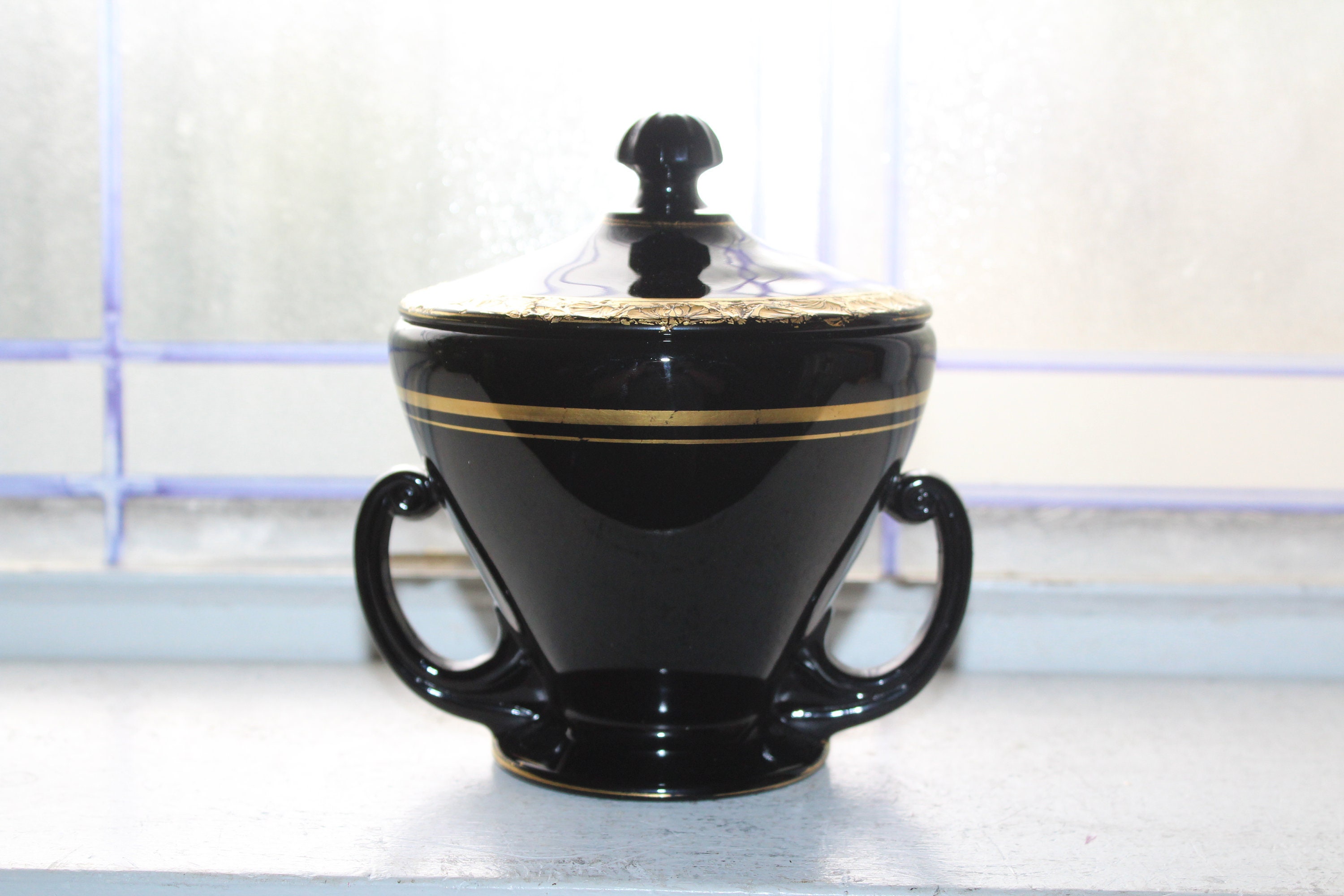 Vintage Fostoria Glass Ebony Black & Gold Covered Candy Dish with Handles