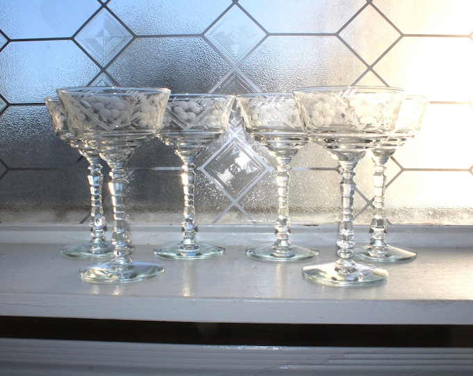 6 Art Deco Cut Champagne Glasses Rock Sharpe Vintage 1930s