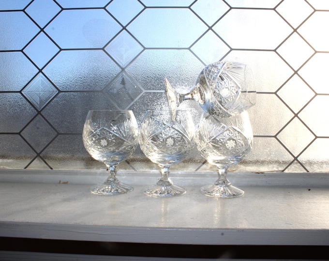 4 Vintage Bohemian Cut Crystal Brandy or Cognac Snifter Glasses