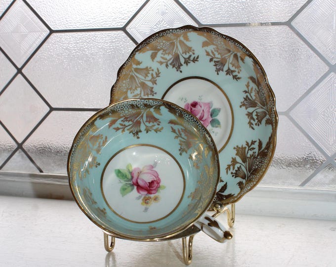 Vintage Paragon Bone China Tea Cup and Saucer Pink Roses with Gold Lace on Blue