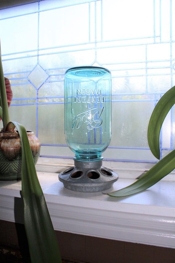 Vintage Chicken Feeder With Blue Ball Jar Rustic Farmhouse Etsy