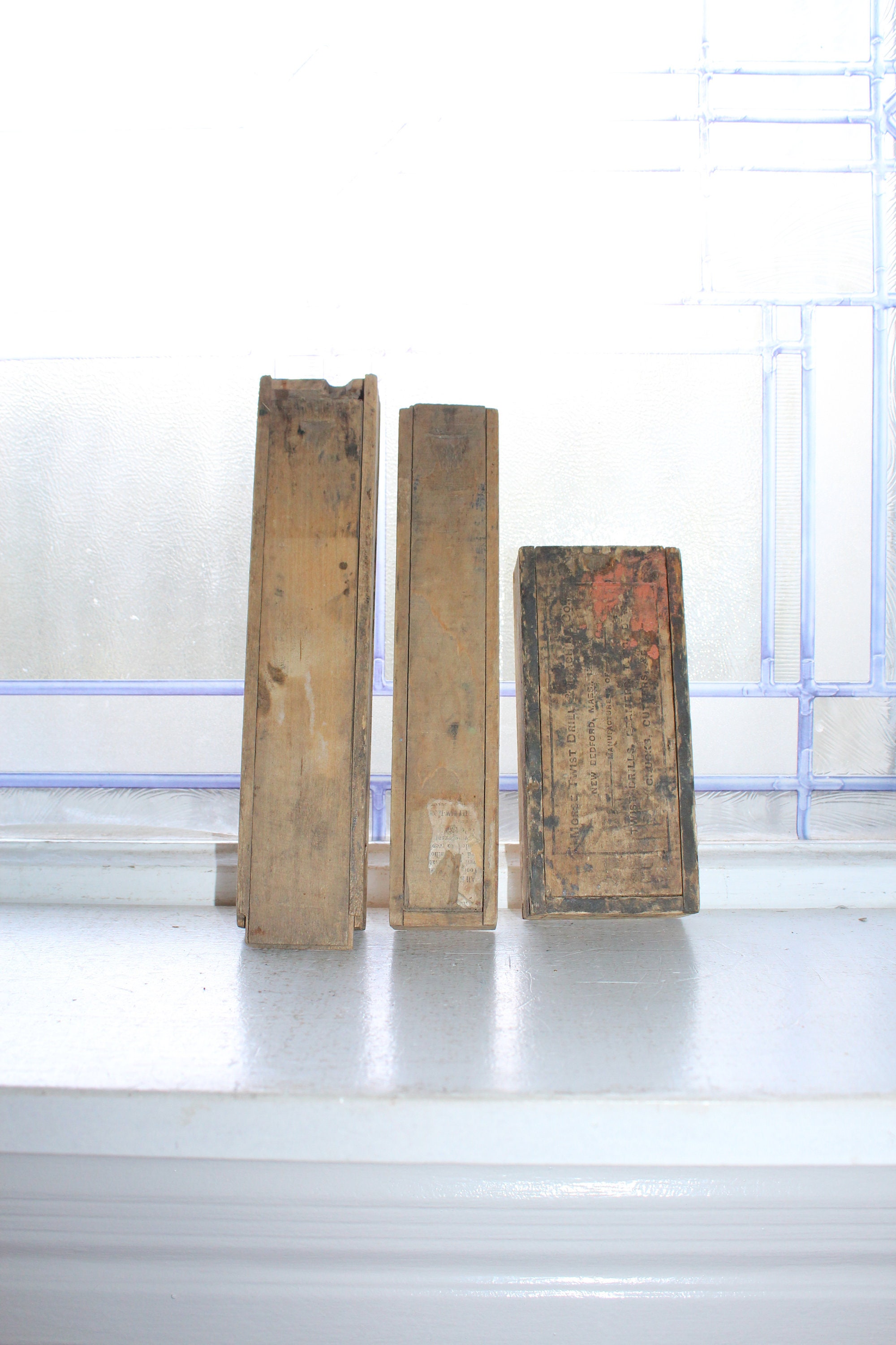 3 Vintage Wood Drill Bit Boxes with Sliding Lids & Dovetailing 1940s