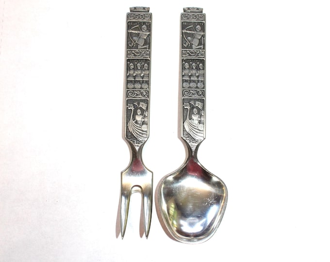 Vintage Norwegian Pewter Large Fork and Spoon with Viking Scenes