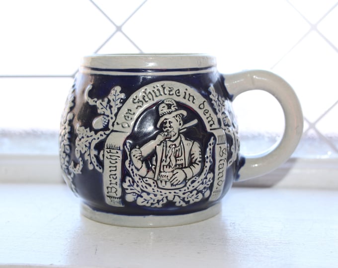 Vintage Thewalt Hunter Blue and Gray Stoneware Beer Stein Germany