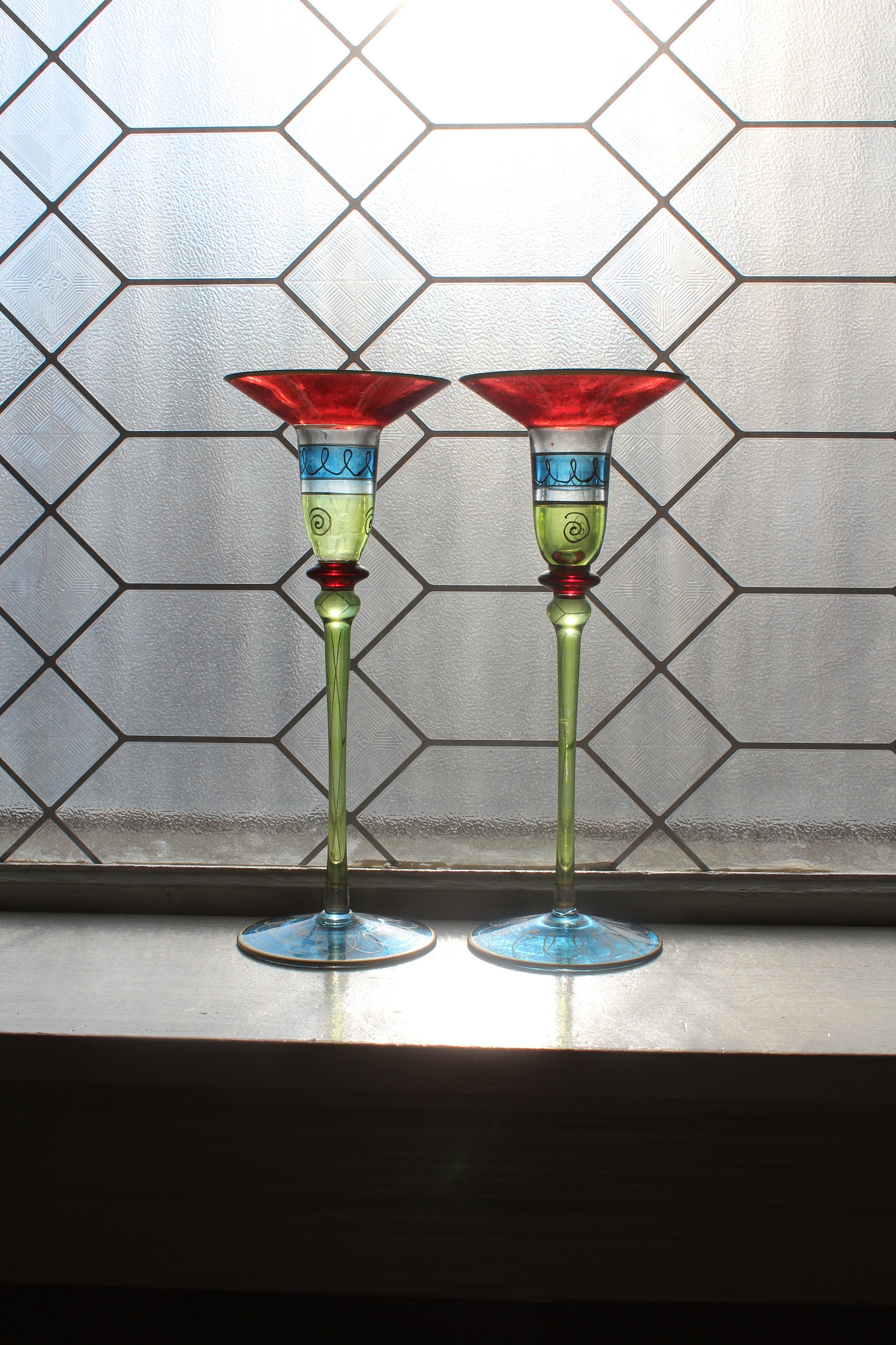 2 Vintage Hand Painted Glass Candle Holders Red Blue Green