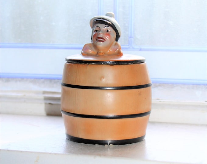 Antique Porcelain Figural Humidor Covered Jar Man on Barrel