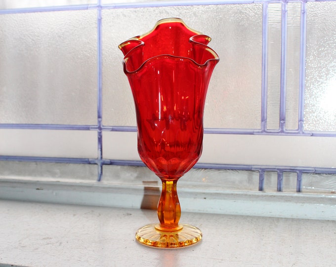 Retro Orange Glass Pedestal Vase Vintage Amberina Handkerchief Vase