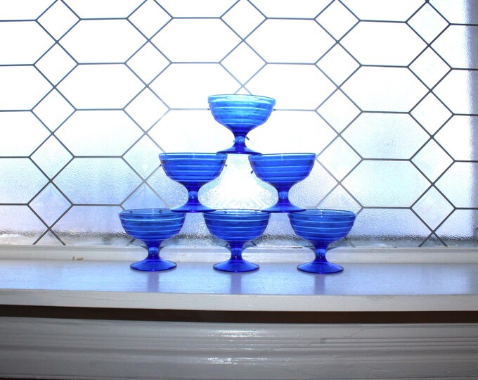 7 Vintage Moderntone Sherbet Dishes Cobalt Blue Glass 1930s