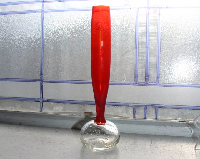 Vintage Art Glass Bud Vase Orange with Controlled Bubbles Base