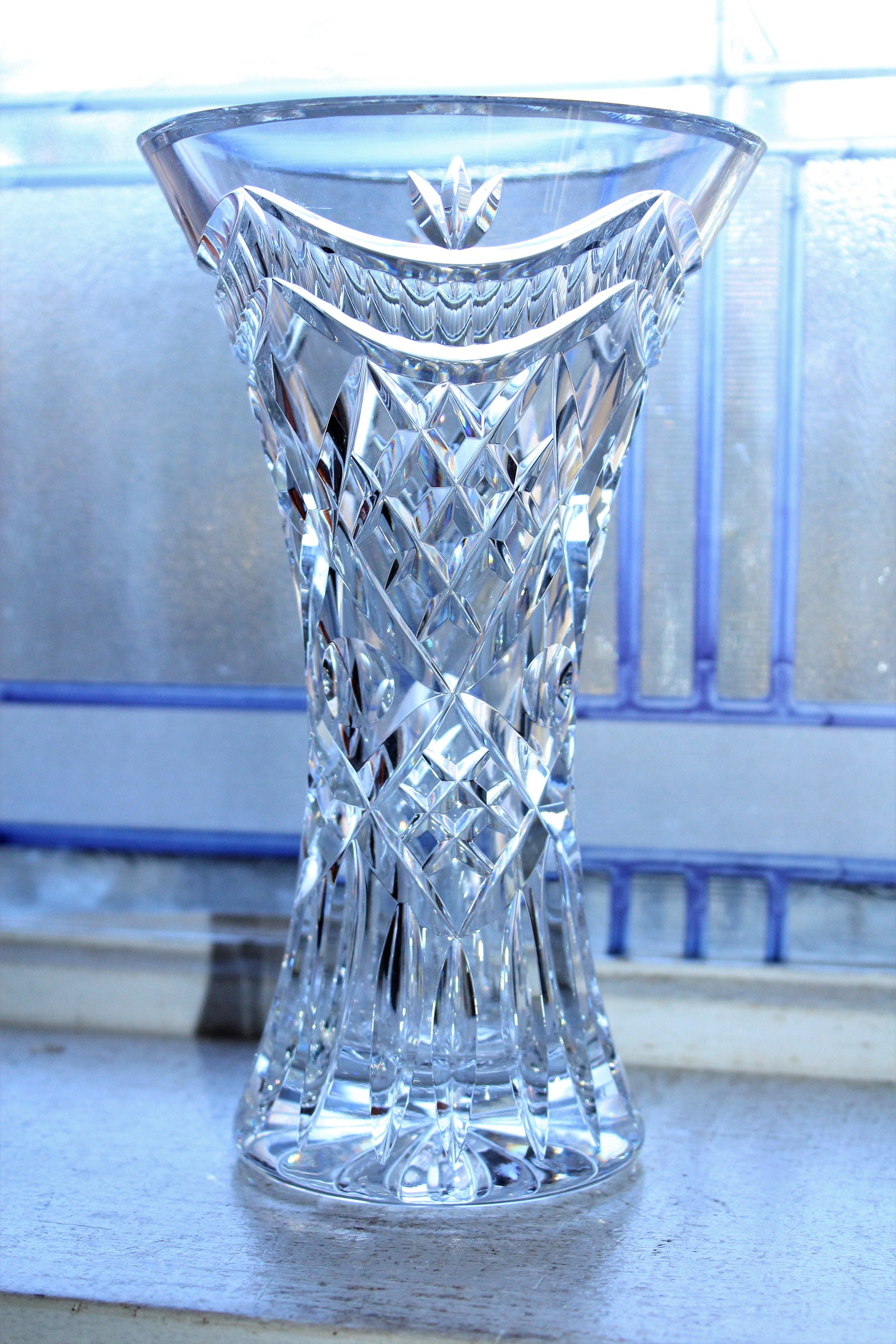 Vintage Cut Crystal Trumpet Vase Flared Top marked VNO