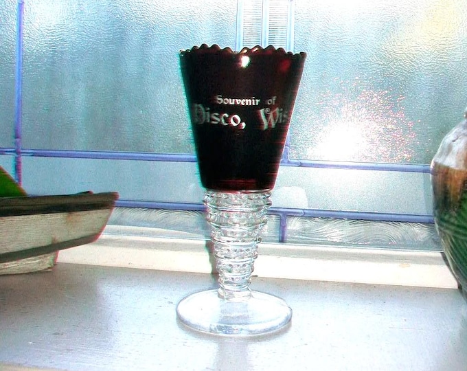 Disco Wisconsin Ruby Flashed Souvenir Vase Antique EAPG Glass