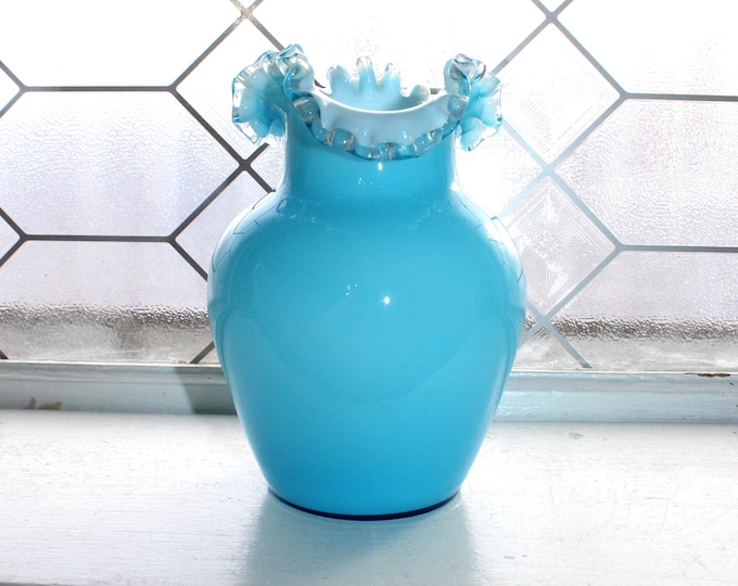 Antique Victorian Art Glass Blue Vase with Ruffled Crest Blue Rim & Polished Pontil